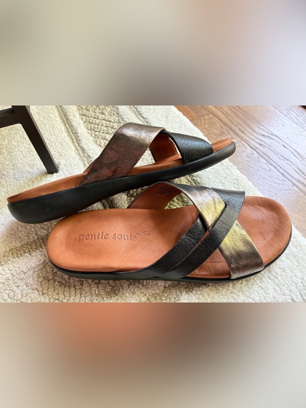 Gentle souls Metallic and Black Crossband Leather Sandals